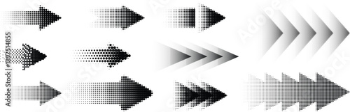 Halftone arrow icons, black direction symbol, dotted pointer, straight arrow with fade effect. Vector set