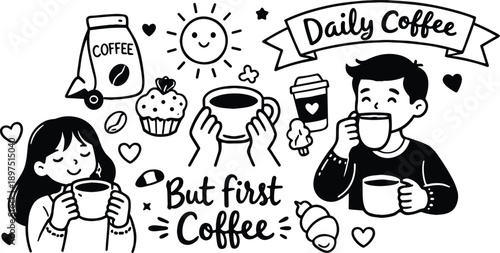 Hand drawn coffee illustration, cute daily coffee routine, people drinking cups, doodle style cafe elements, black and white vector art.