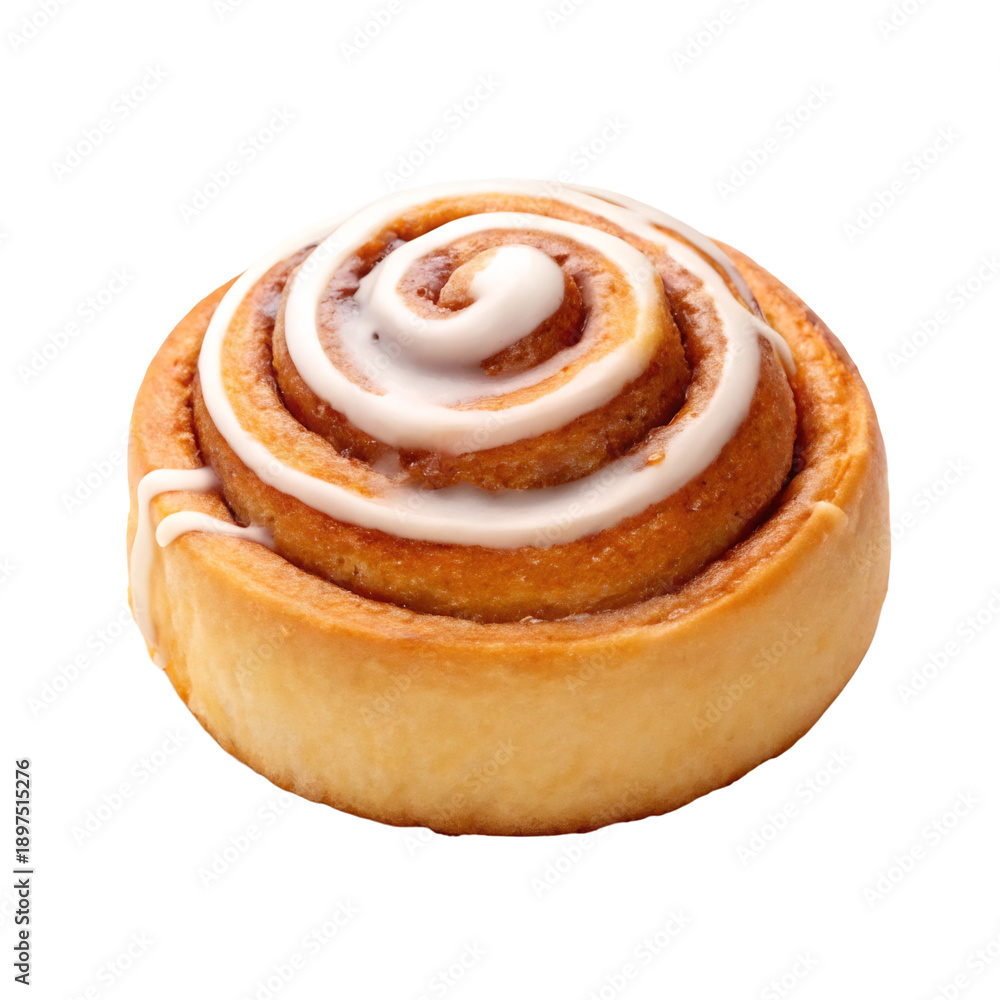 Fototapeta premium Freshly baked cinnamon roll with white icing, Delicious sweet pastry bun with creamy frosting