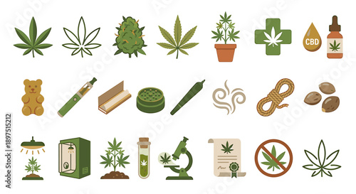 A collection of cannabis-related illustrations, featuring leaves, products, and symbols.