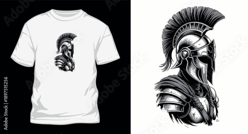 Magnificent spartan warrior in full armor vector illustration for apparel design featuring detailed centurion helmet and shoulder plates