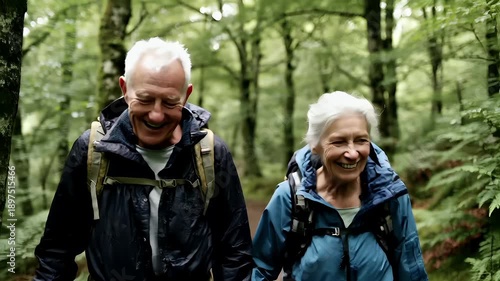 Wallpaper Mural Explore adventure journey achievement outdoor in National Park. A man and woman walking handinhand through a lush forest, both wearing jackets and smiling. The background is filled with tall trees. Torontodigital.ca