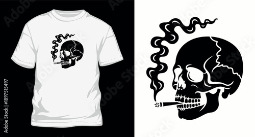 Skull smoking cigar vector illustration in vintage monochrome style for t-shirt design