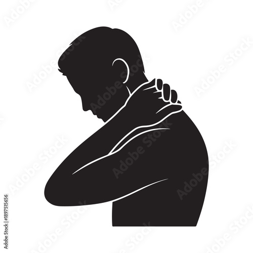 Silhouette of a man massaging his painful shoulder and neck