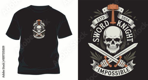 Sword knight skull t shirt design emblem, vintage style, established 2024