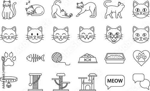 Black and white cat icons and illustrations, various feline expressions and objects, minimalist line art style with simple details
