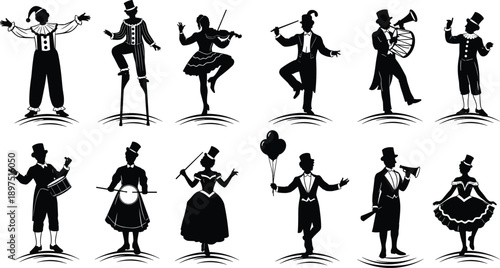 Circus performer silhouette icon set, vintage carnival entertainers collection, musicians clowns dancers characters, black isolated vector illustration design pack