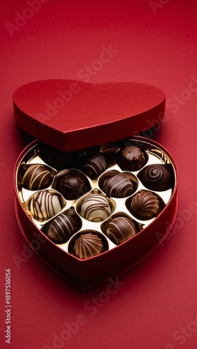 Box of chocolates filled with various types in a heart shaped packaging on a red background