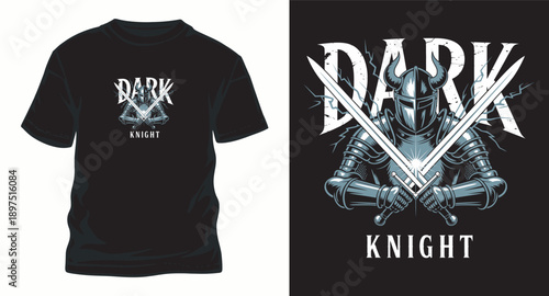 Vintage dark knight warrior illustration for black t-shirt with armor and crossed swords