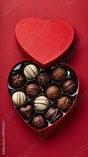 Box of heart-shaped chocolates with a variety of flavors displayed on a red background for a special occasion