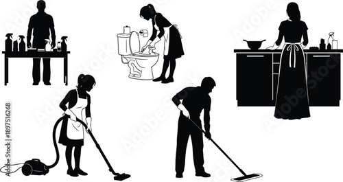 House cleaning people silhouette icon set, domestic chores activities collection, vacuuming washing cooking bathroom tasks, black isolated vector illustration