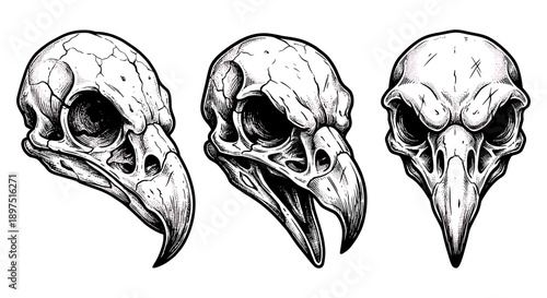 Three detailed illustrations of bird skulls, each displaying different angles and features.