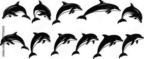 Dolphin silhouette icon set, jumping swimming marine mammal poses collection, ocean wildlife animals, black isolated vector illustration pack