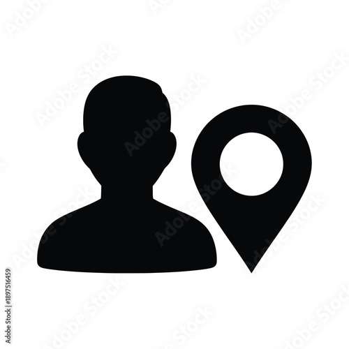 Black silhouette of a persons head and shoulders next to a location pin icon