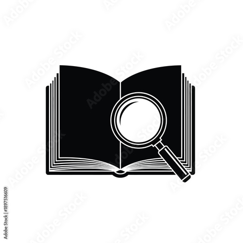 A black and white icon of an open book with a magnifying glass on top