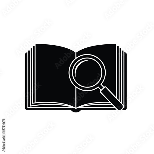 A black and white icon of an open book with a magnifying glass on top