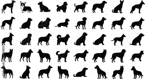 Dog silhouette icon mega set, various canine poses collection, domestic pet animals, black isolated vector illustration pack, design, graphic, bundle
