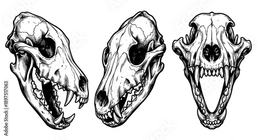 Detailed illustration showcasing three different animal skull specimens in various orientations, displaying teeth.