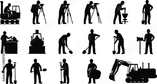 Grid of Black Silhouette Icons Depicting Construction and Surveying Activities with Workers, Machinery, and Tools for Industrial Design Use