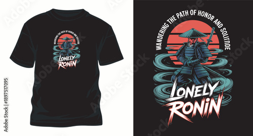 Lonely ronin wandering path of honor and solitude japanese samurai t-shirt design with traditional hat and sword