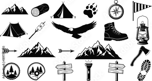 Clean graphic collection of outdoor adventure and camping elements, illustrating mountains, tents, and wildlife, evoking an adventurous and natural spirit for branding.