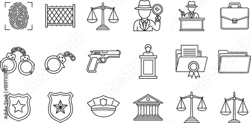 Comprehensive flat line icon set featuring law enforcement, justice, and security symbols in sleek minimalist black and white vector style