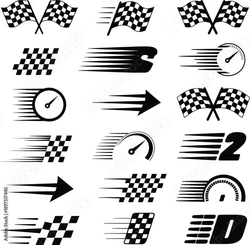 A collection of speed and racing icons including checkered flags and speedometers