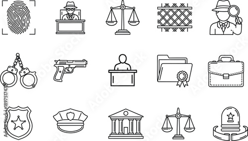 Set of law enforcement and justice system icons in minimalist line art style with various symbols and objects