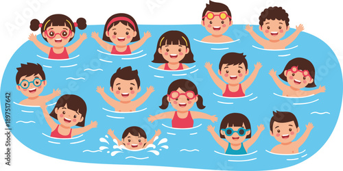 Wallpaper Mural Happy Kids Swimming In Pool Vector Illustration With Children Playing Together Summer Water Activity Cartoon Scene Torontodigital.ca