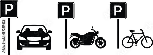 Minimalist black and white vector parking sign system showing car, motorcycle, and bicycle icons with bold typography for clear communication