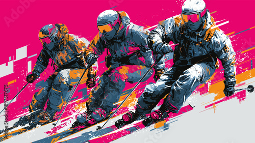 Alpine skiing graphic art effect poster. Alpine skiing dynamic multicolor graphic wallpaper or banner