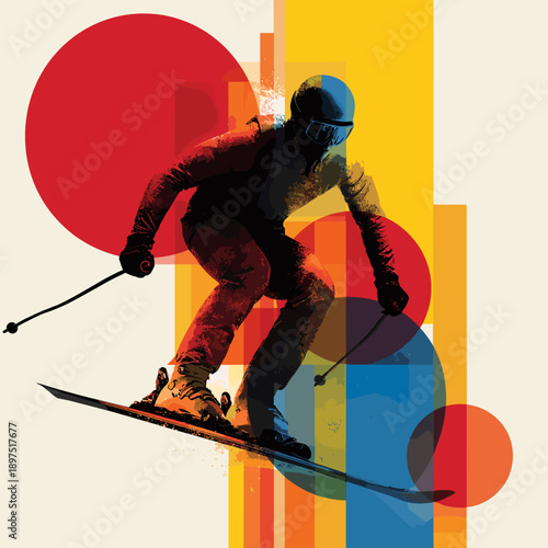 Alpine skiing graphic art effect poster. Alpine skiing dynamic multicolor graphic wallpaper or banner
