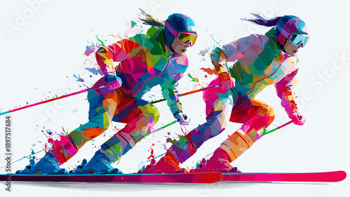 Alpine skiing graphic art effect poster. Alpine skiing dynamic multicolor graphic wallpaper or banner