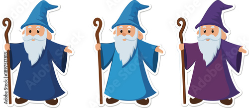 Cute wizard character set in different color outfits, fantasy magician cartoon vector illustration isolated on white background