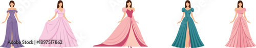 Elegant Princess Dress Vector Set With Women Wearing Colorful Ball Gowns Evening Dresses And Fairy Tale Fashion Illustration