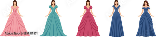 Elegant Princess Dress Vector Set With Women Wearing Colorful Ball Gowns Evening Dresses And Fairy Tale Fashion Illustration