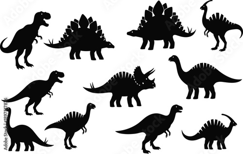 Dinosaur silhouette icon set, prehistoric animals collection, tyrannosaurus stegosaurus triceratops shapes, black isolated vector illustration bundle pack design graphic artwork