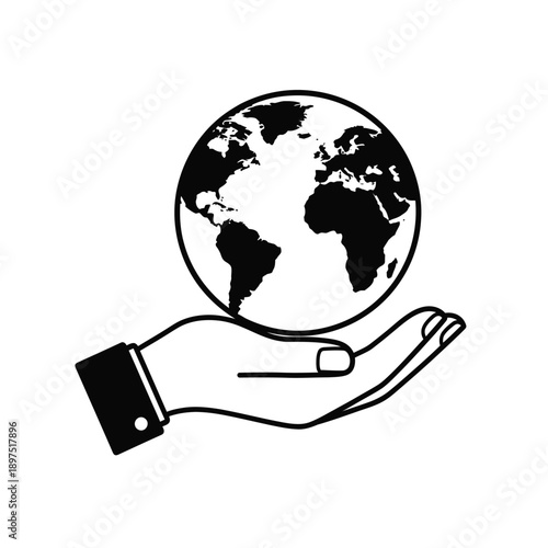 A black and white line drawing of a hand holding a globe with a