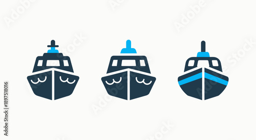 Front view icons of three ships, including cargo vessels and ferries, representing maritime transport and sea travel.