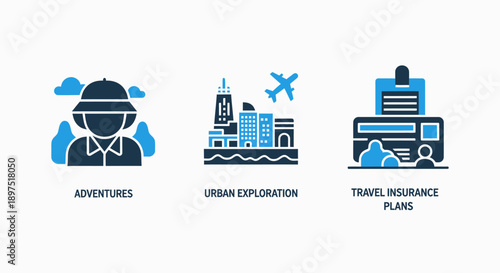 Icons for adventure travel, urban exploration, and travel insurance plans, depicting a safari explorer, city skyline, and documents.