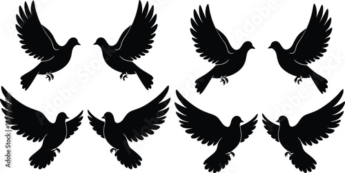 Flying dove bird silhouette set, peace symbol black vector illustration collection isolated on white background
