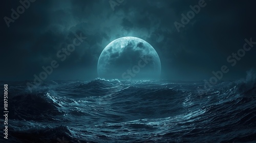 Moonlit Ocean Tides at Night with Full Moon Reflections and Calm Waves Under a Dark Sky photo