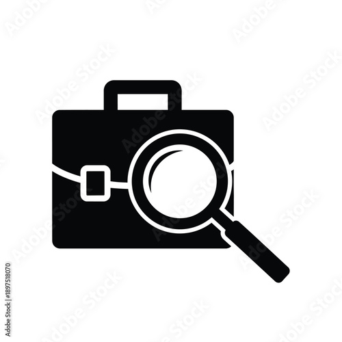 Black and white icon of a briefcase with a magnifying glass on it