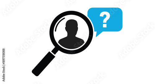 Searching for a person a magnifying glass over a silhouette with a question mark