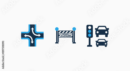 Traffic icons: intersection, road closure barrier, and traffic lights with cars, representing transportation and road management.
