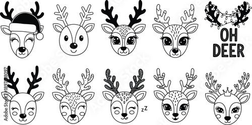 Christmas reindeer face icon set, cute deer cartoon illustration, holiday antlers collection, winter animal doodle, black white vector design, bundle