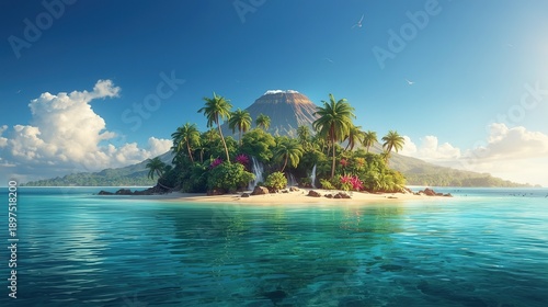 Remote Tropical Island in the Center of the Ocean During a Beautiful Daytime with Dramatic Mountain Landscape in the Background