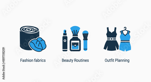 Icons representing fashion fabrics, beauty routines, and outfit planning, showcasing style, personal care, and wardrobe choices.