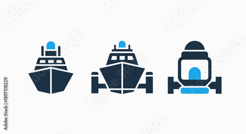 Ship icons in front view and side profile, depicting maritime vessels and naval architecture for sea transport and logistics.