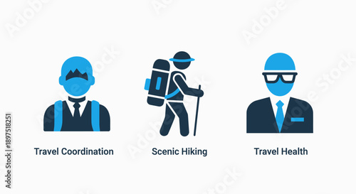Travel icons: coordination, scenic hiking, and health, depicting planning, outdoor adventure, and traveler well-being.